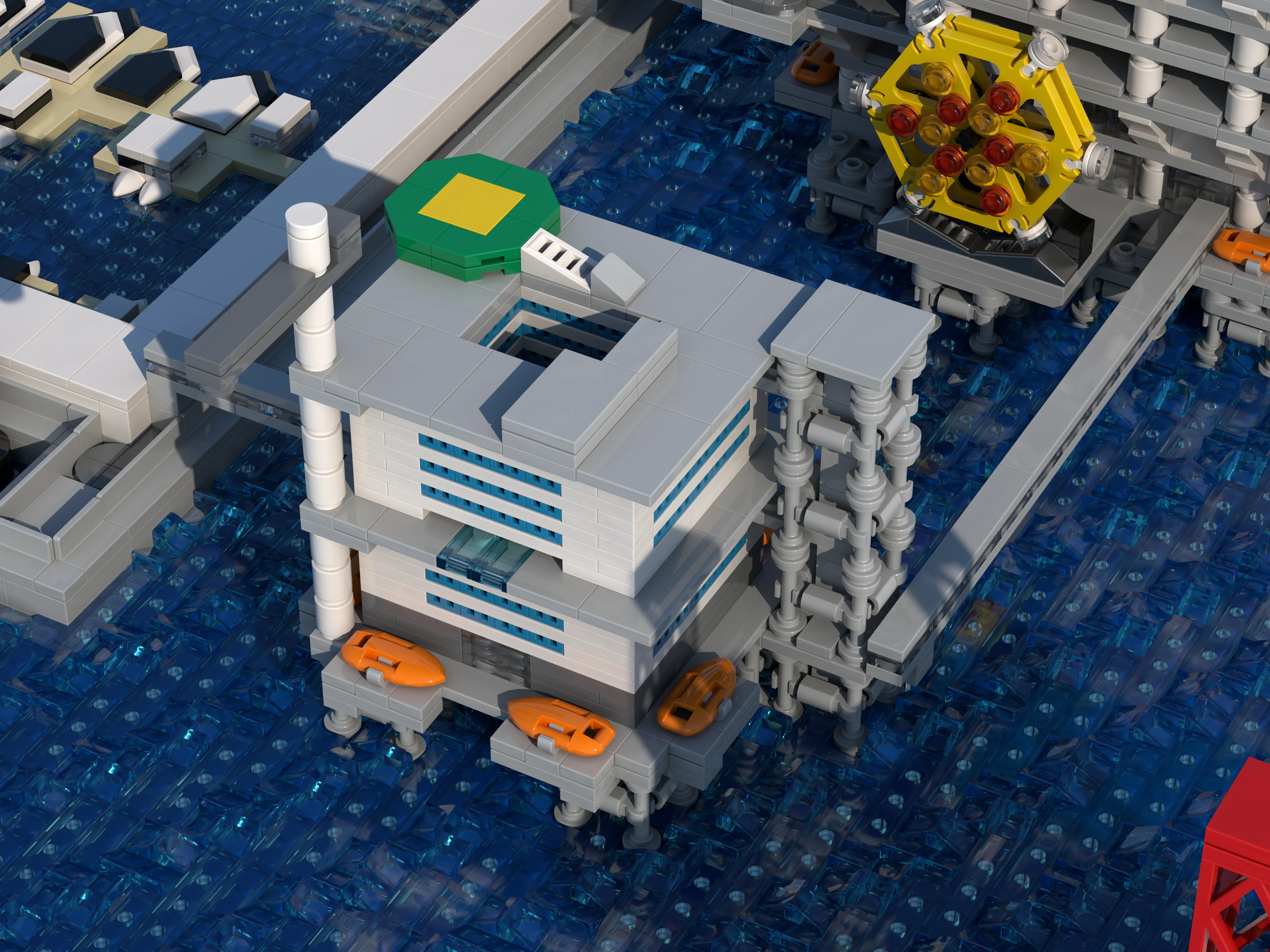 The Moonpool platform of the LEGO model, with the presidential suite, VIP accommodation and helideck